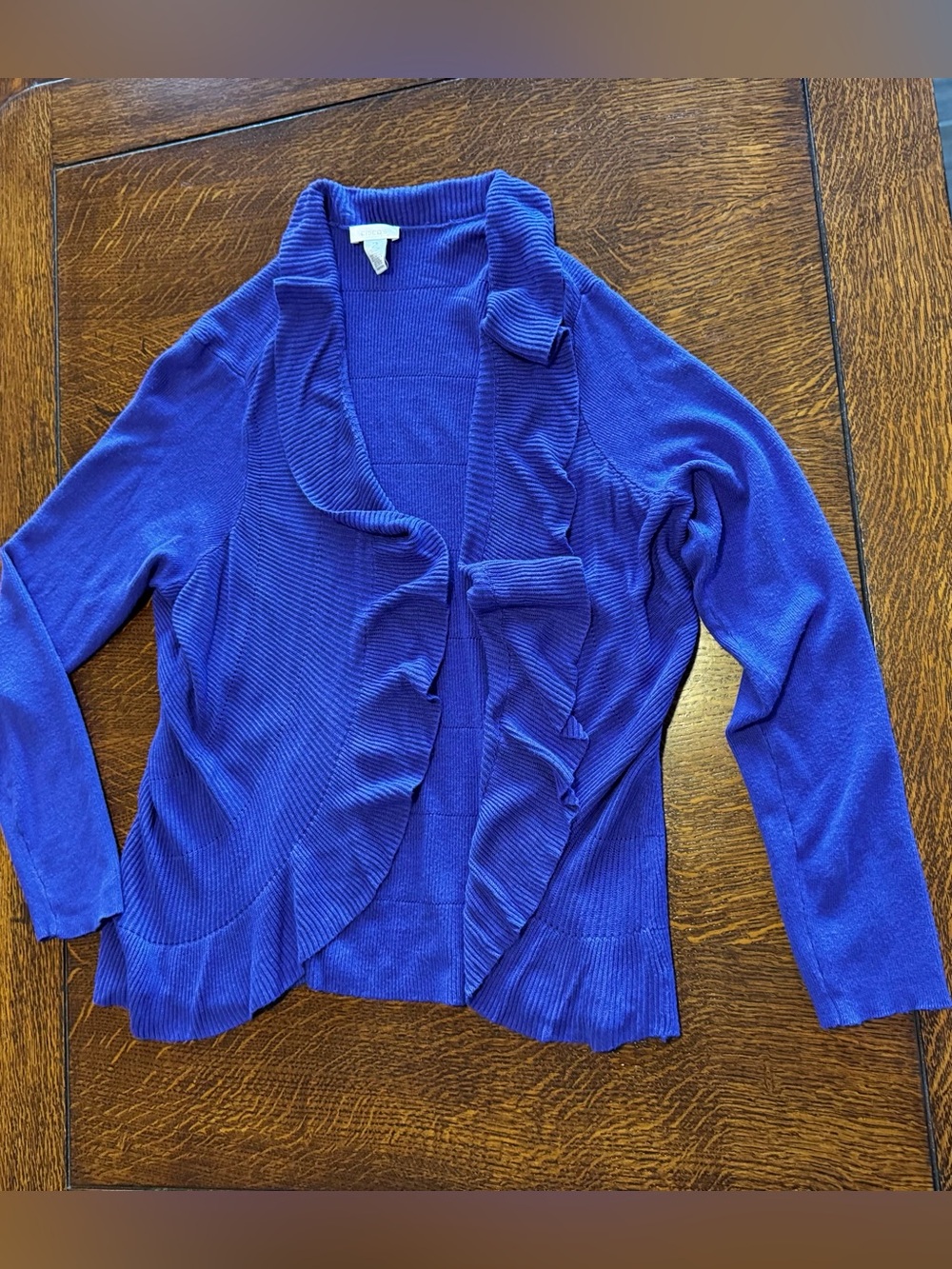 CHICO’S Ruffle Edge Purple Blue Ruffle-Front Open Cardigan Sweater — #LHP - Picture 4 of 16